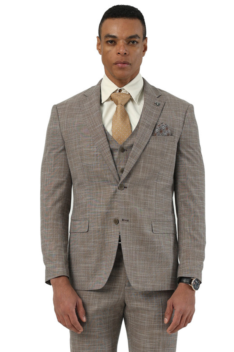 Men’s Designer Stacy Adams Vested Suit in Light Brown Sharkskin Weave