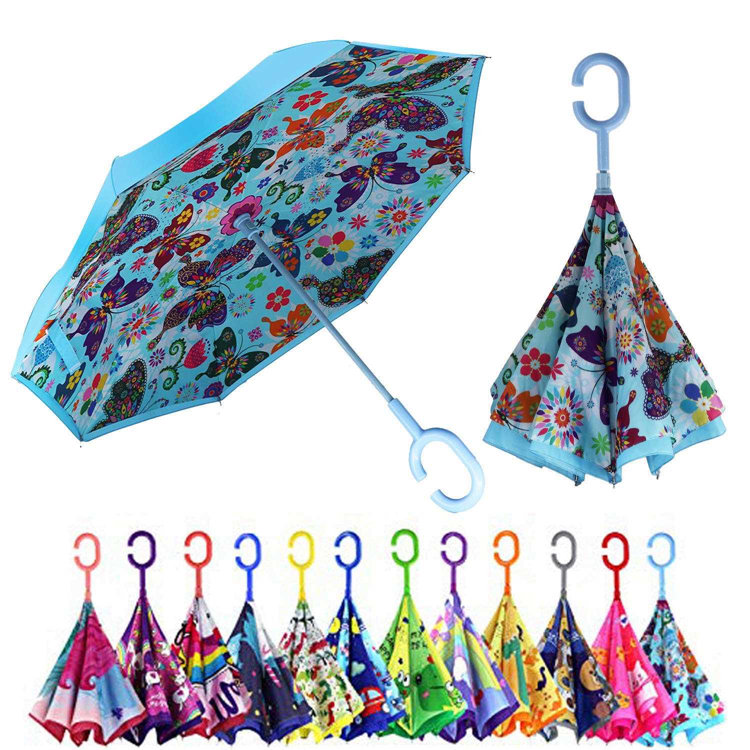 MRTLLOA 40 Inch Kids Windproof Inverted Reverse Umbrella with UV Protection, C-Shaped Handle Double Layer Stick Rain Umbrella for Boys and Girls