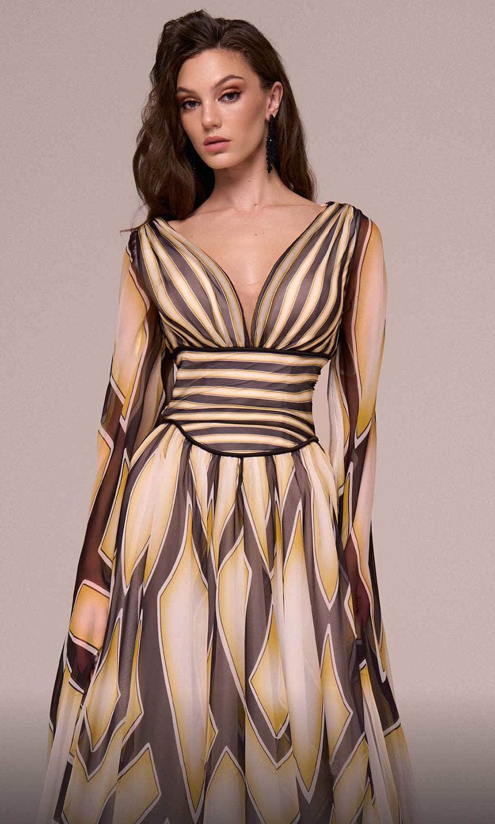 Printed Long Cape Sleeve Evening Gown