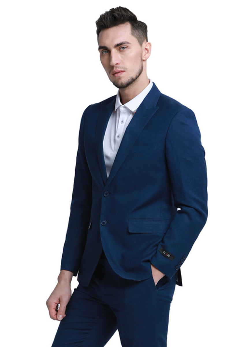 Men’s Two Button Peak Lapel Summer Linen Style Beach Wedding Suit in Navy Blue