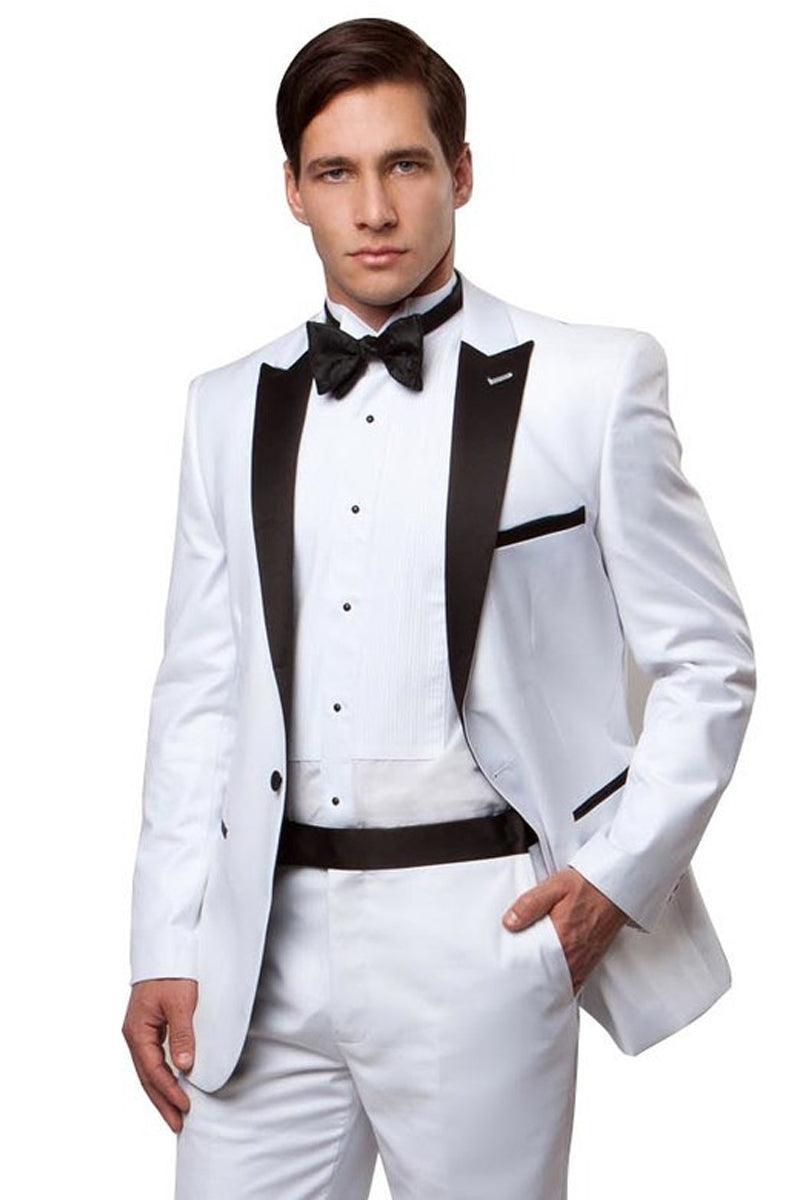 Men’s Slim Fit One Button Peak Lapel Wedding Tuxedo in White & Black
