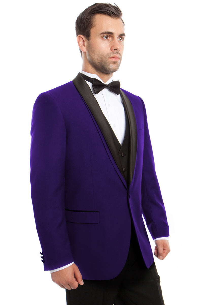 Men’s One Button Vested Satin Trimmed Shawl Lapel Tuxedo in Purple
