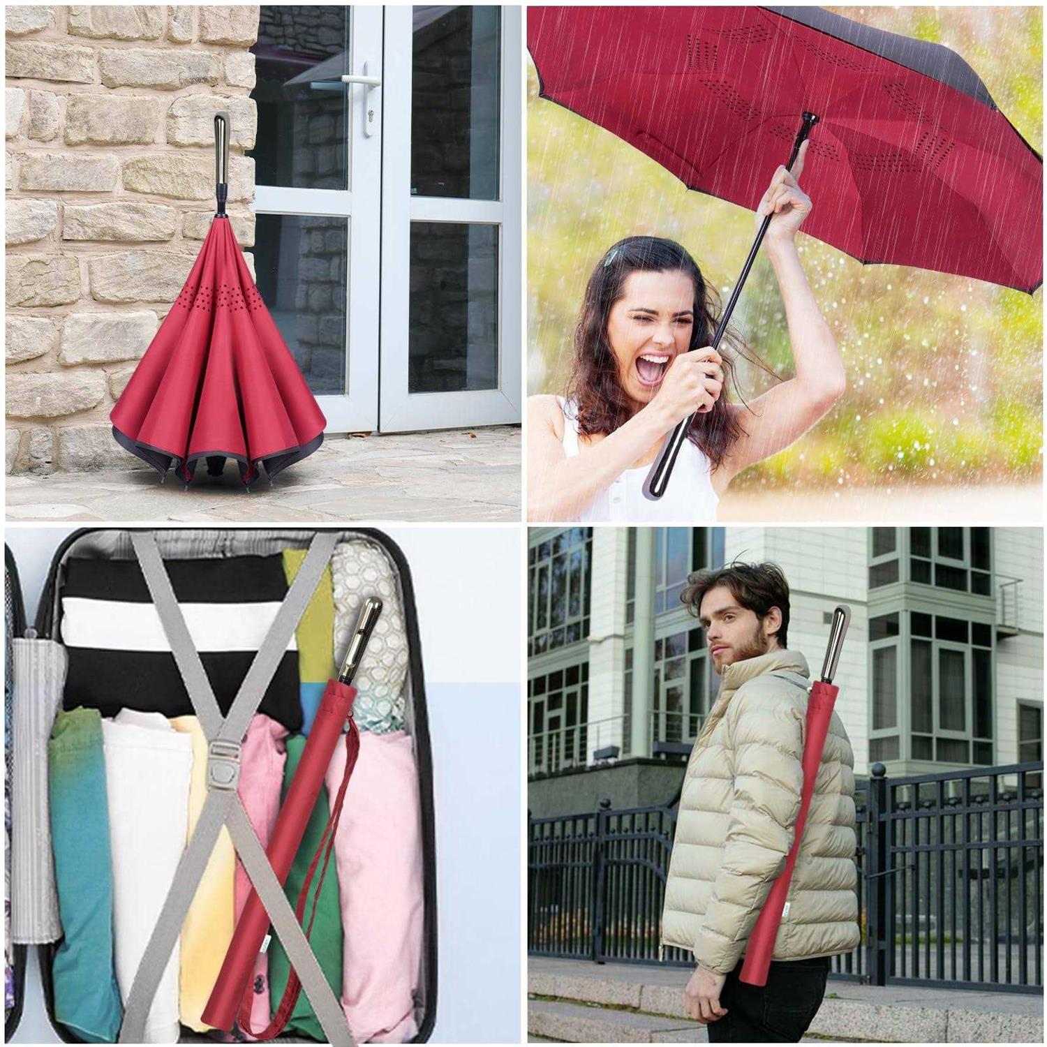 LFLFWY Inverted Reverse Upside Down Umbrella 49 inch Auto/Manual Open Large Double Canopy Design Windproof Stick Umbrellas rain Waterproof Golf