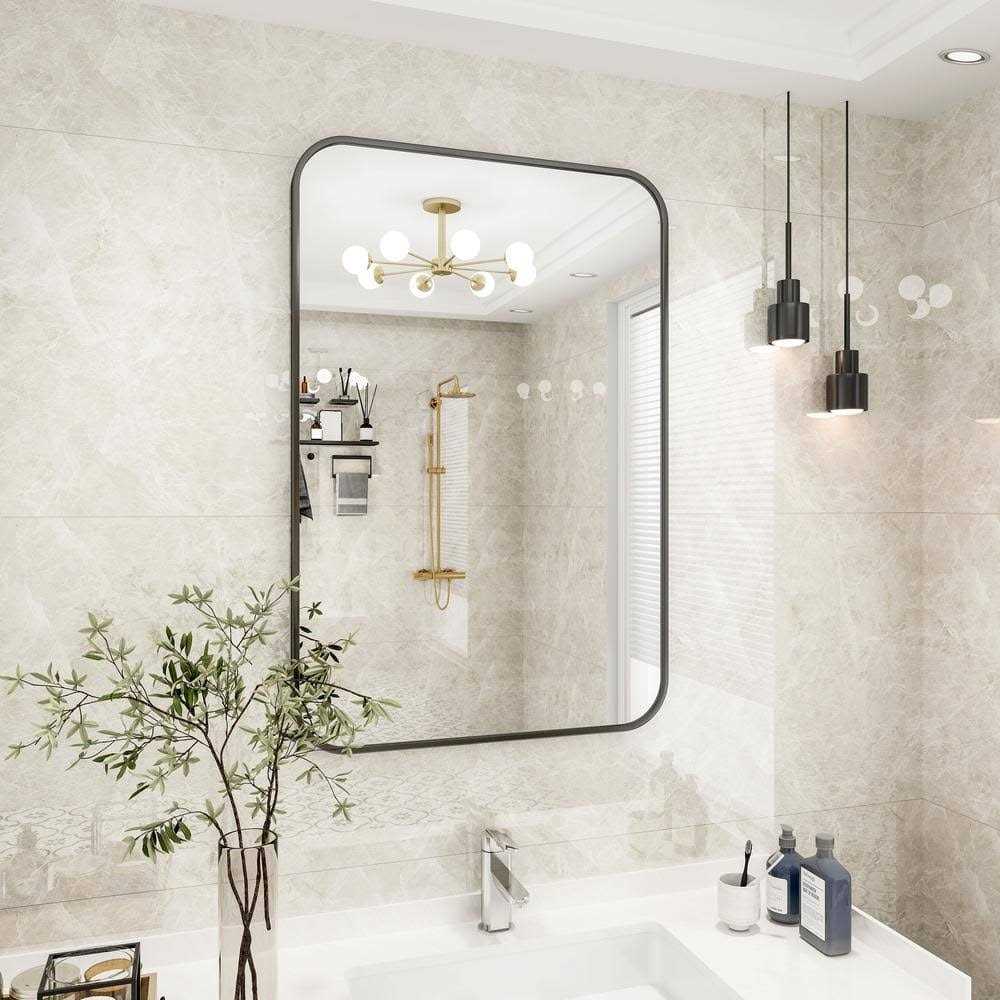 XRAMFY Rectangular Aluminum Alloy Framed Rounded Black Wall Mirror