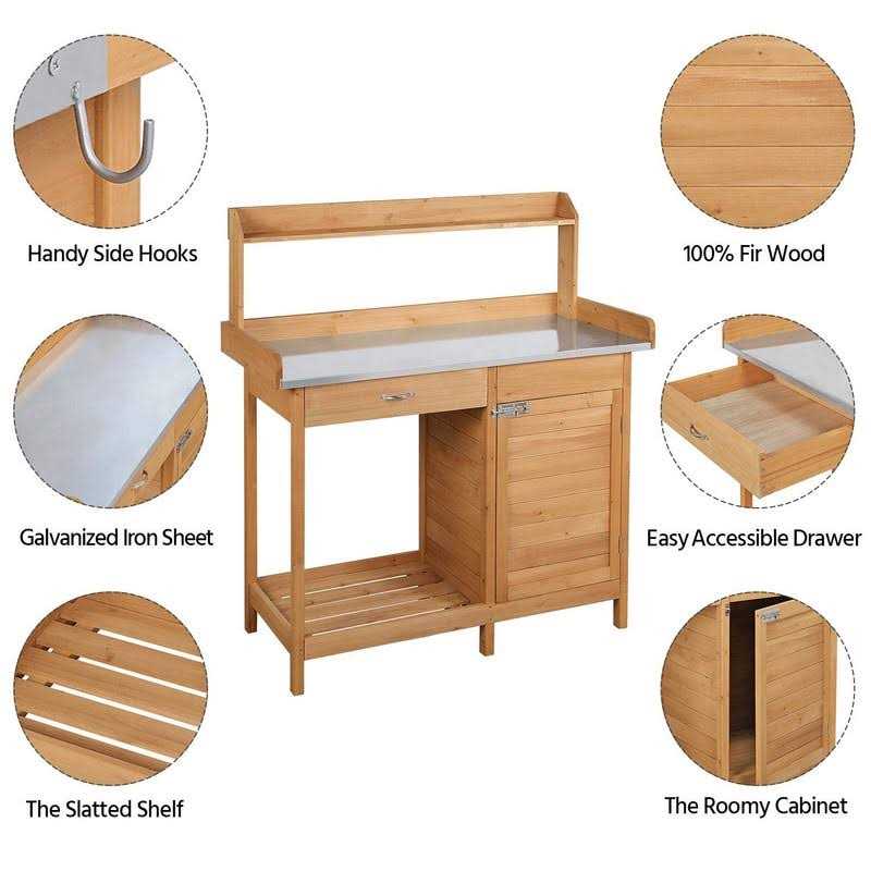 Topeakmart Outdoor Potting Bench Table Work Station Garden Planting with Cabinet & Drawer & Top Shelf & Lower Shelf