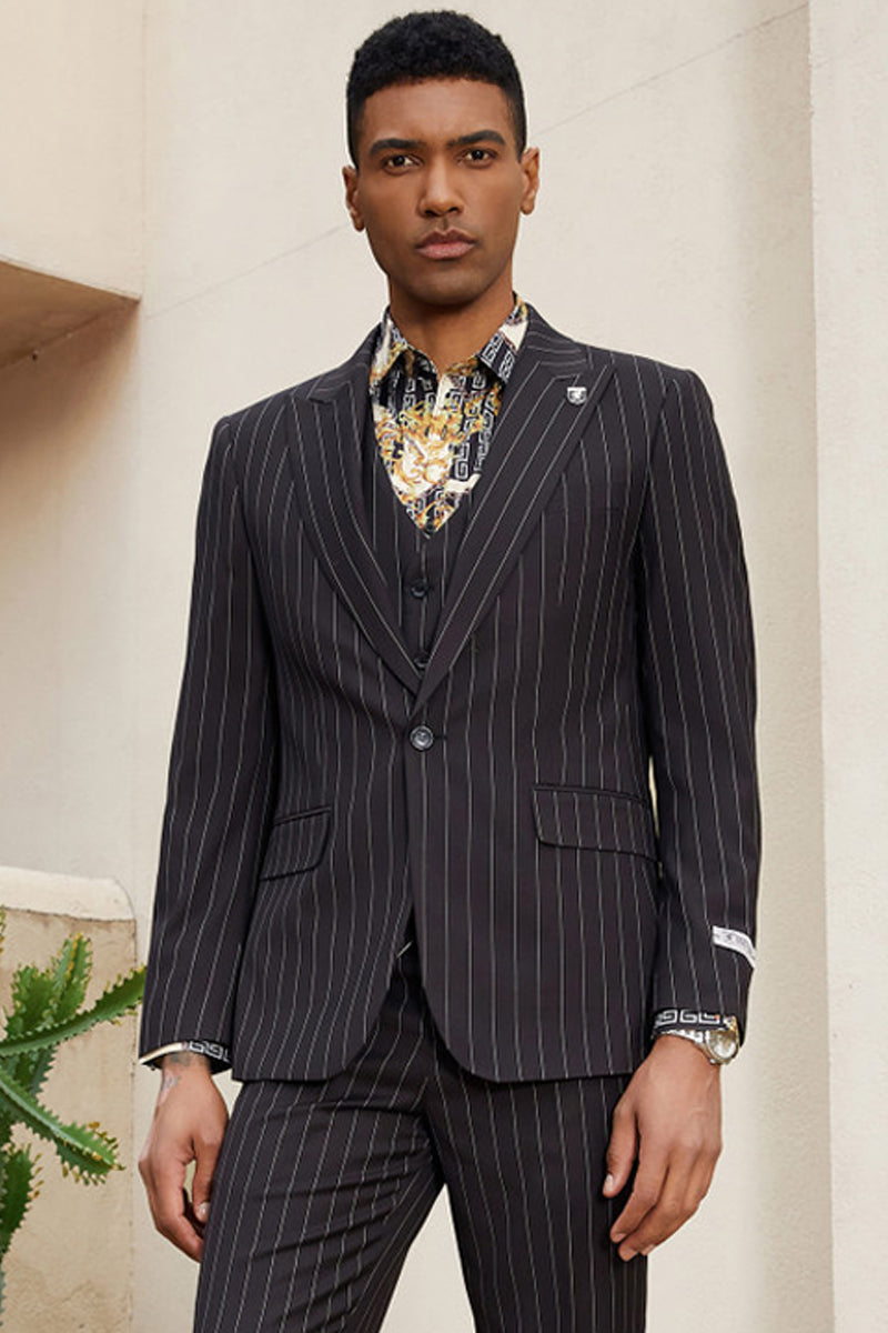 Men’s Stacy Adam’s One Button Vested Modern Suit in Black Pinstripe