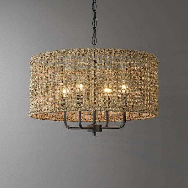 True Fine 4-Light Bohemian Hand Woven Drum Chandelier W20 inch x H75.6 inch