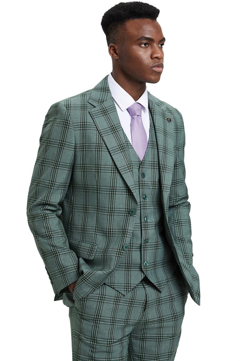 Men’s Stacy Adams Two Button Vested Glen Plaid Check Suit in Light Olive Green