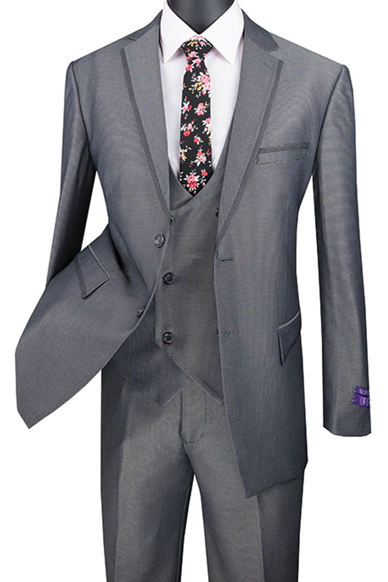 Men’s Modern Fit Tuxedo Suit with Double Breasted Vest and Satin Trim in Charcoal Grey