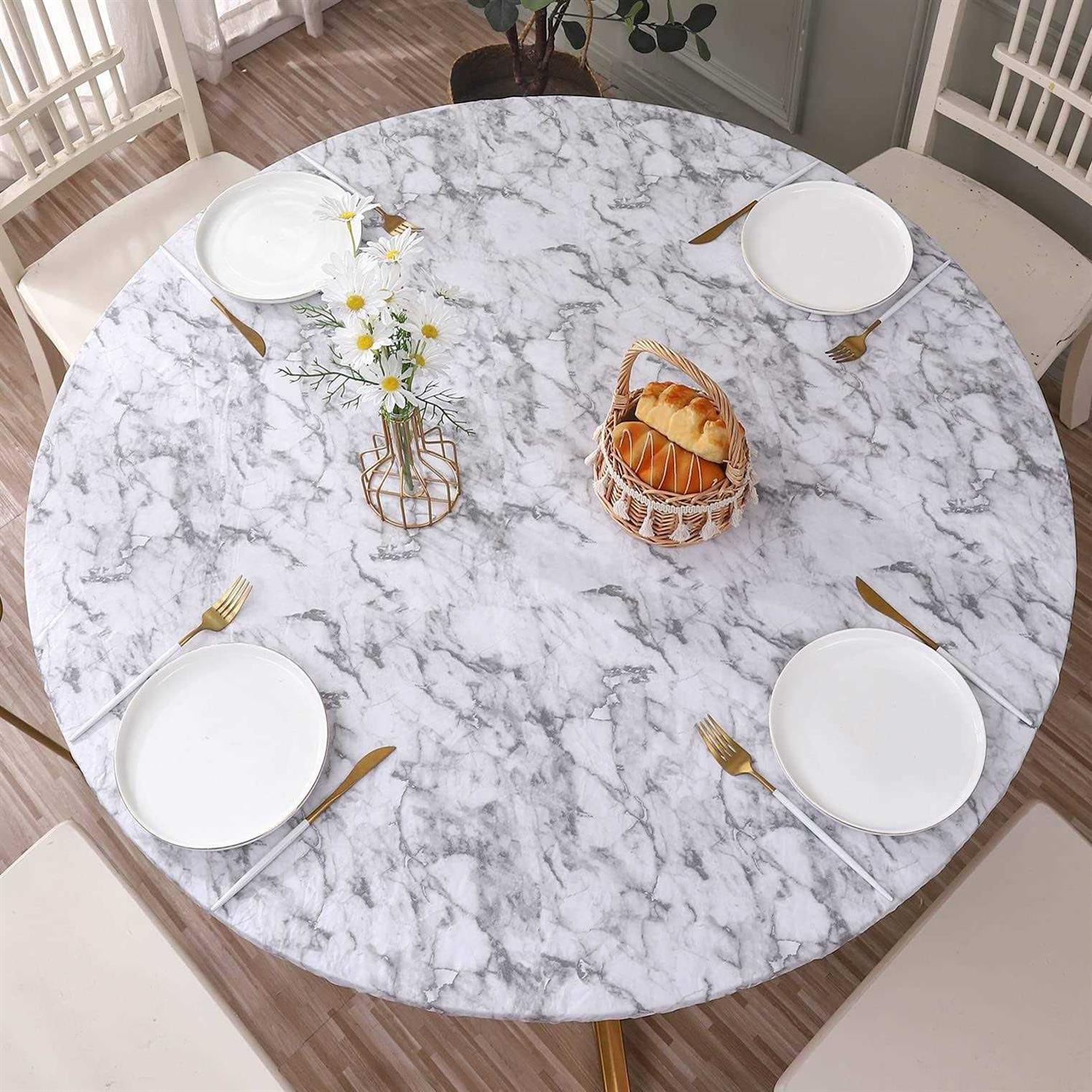Walrus Round Vinyl Fitted Tablecloth with Flannel Backing Elastic Edge Design Table Cover Waterproof Oil-Proof PVC Table Cloth Stain-Resistant