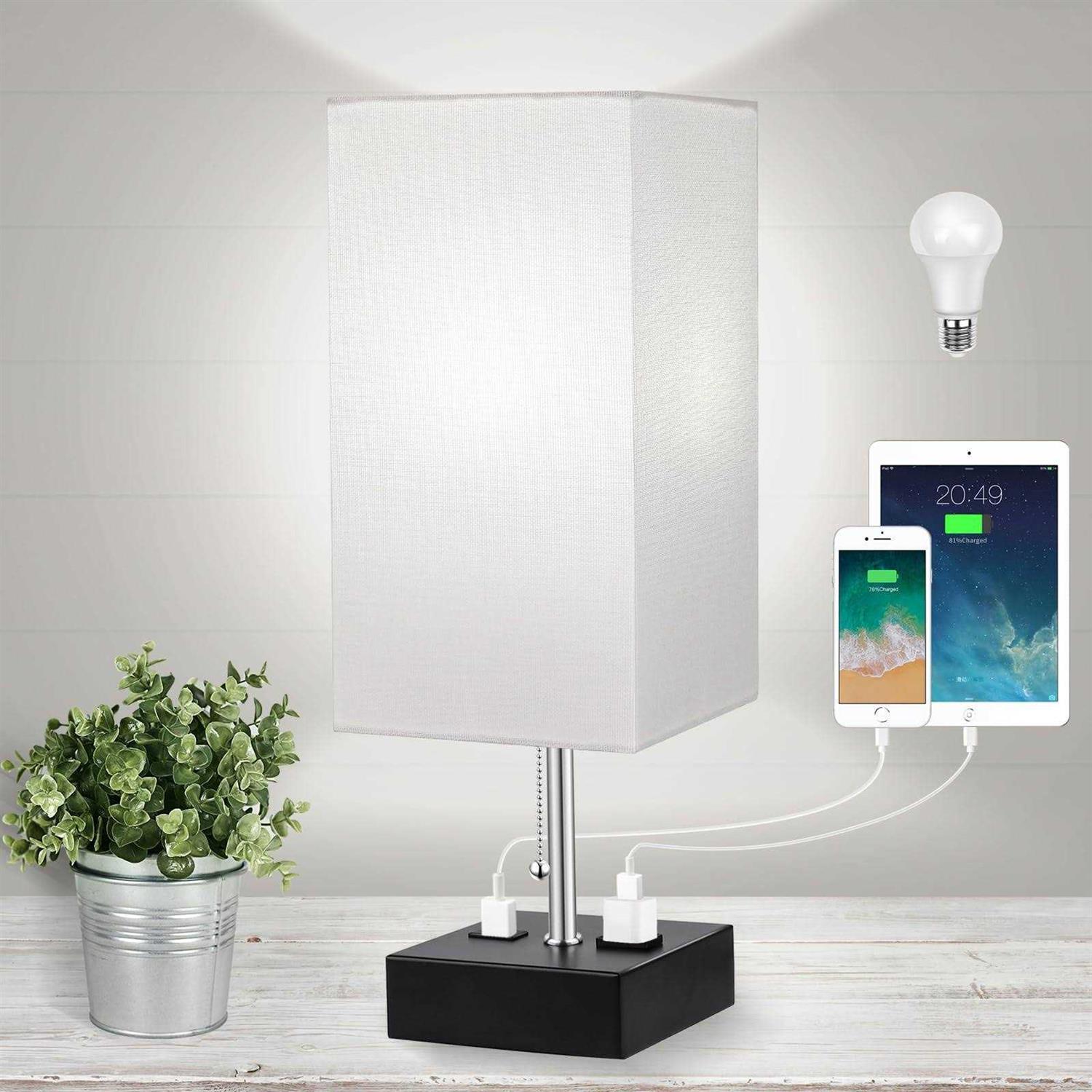 WIHTU 3-color temperature bedside lamp with usb port and ac outlet table lamps for bedroom nightstand lamps shade Black Metal Bed lamp