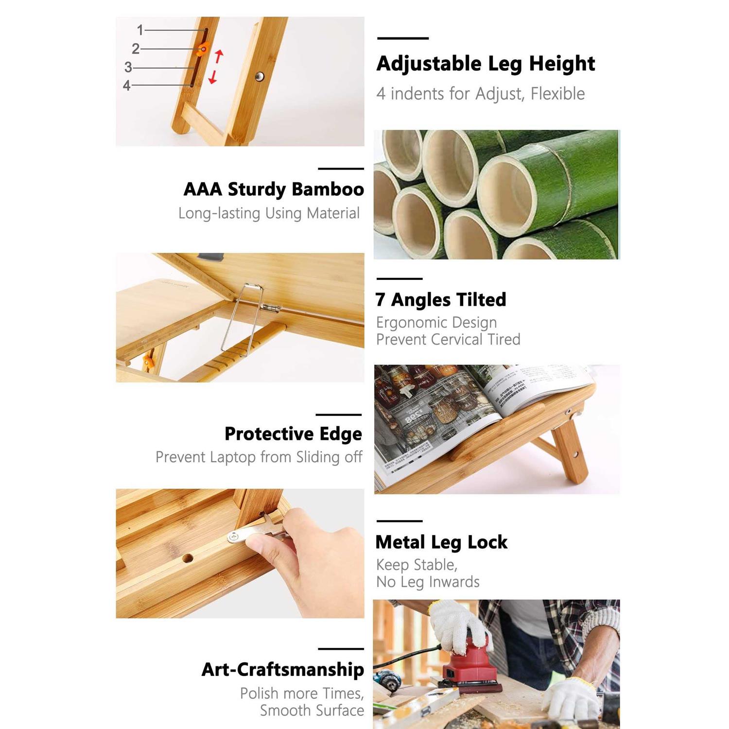 Laptop Desk Nnewvante Table Adjustable Bamboo Foldable Breakfast Serving Bed Tray w’ Tilting Top Drawer