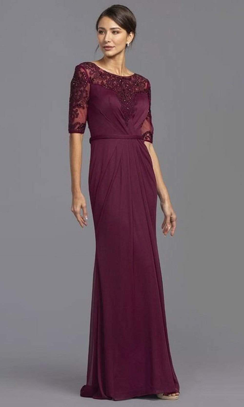 M2322 Sheer Sleeve Embroidered Sheath Dress