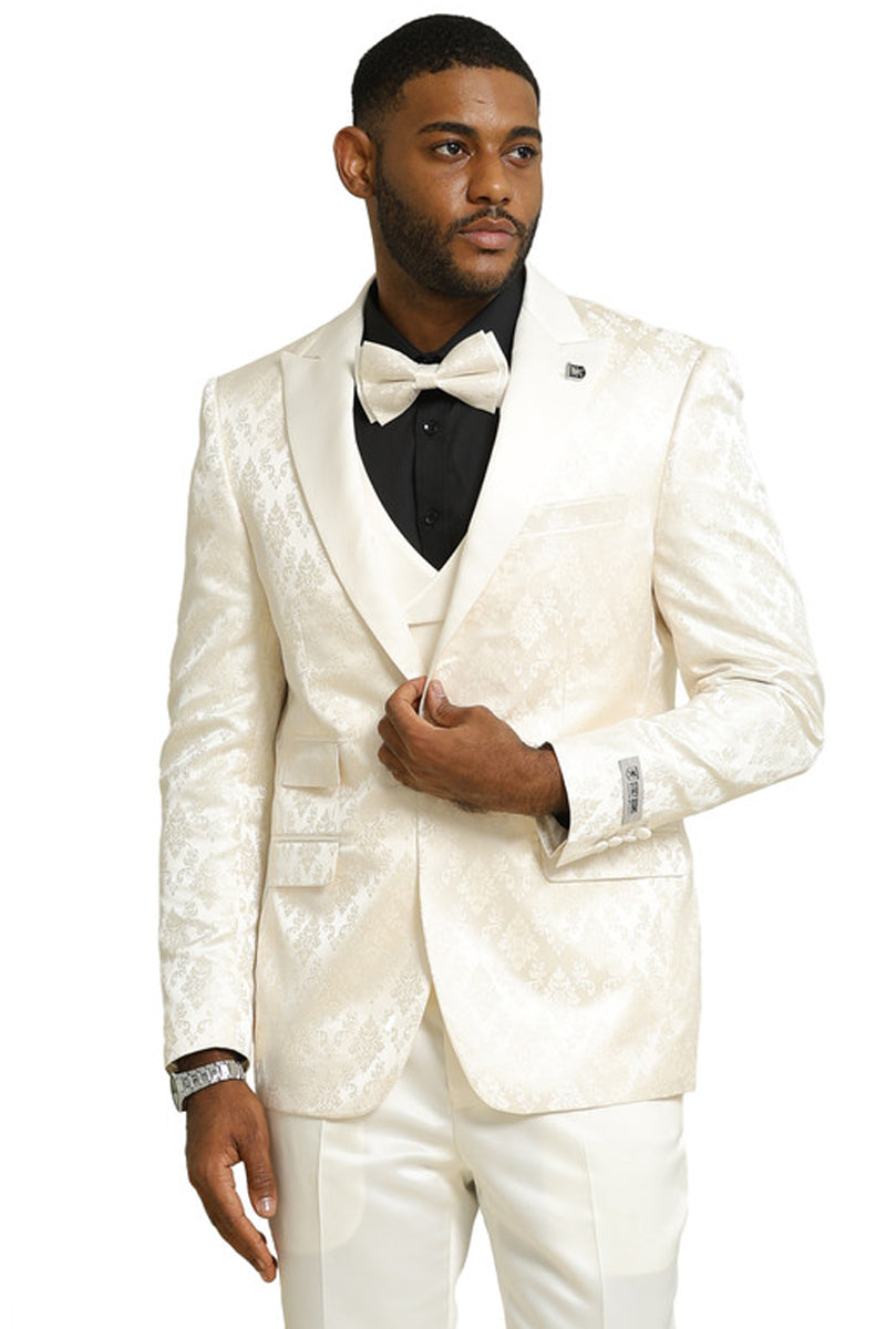 Men’s Stacy Adams Shiny Brocade Wedding & Prom Tuxedo with Double Breasted Vest in Ivory