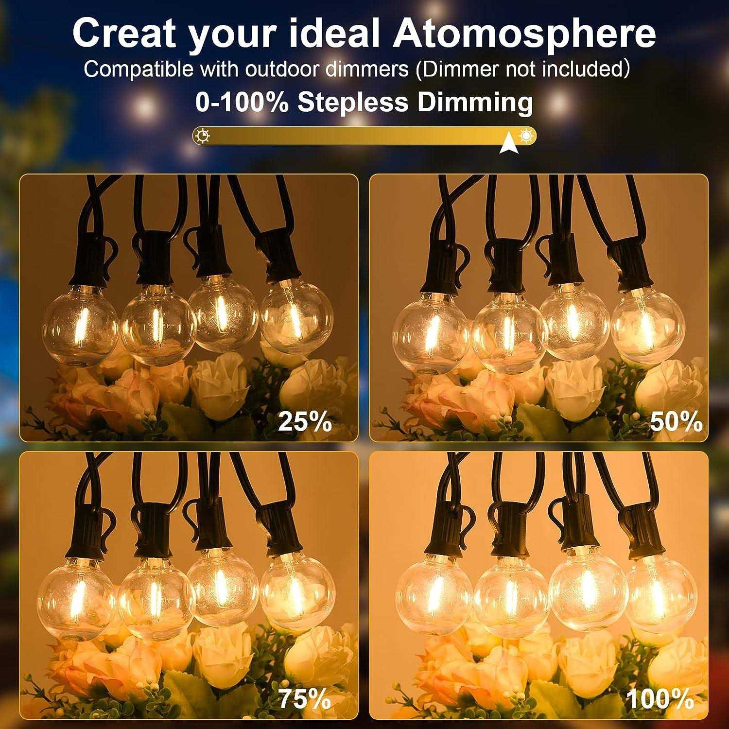 Arbrac 100ft 2-Pack Outdoor String Lights Waterproof with 52 LED Dimmable Shatterproof Bulbs