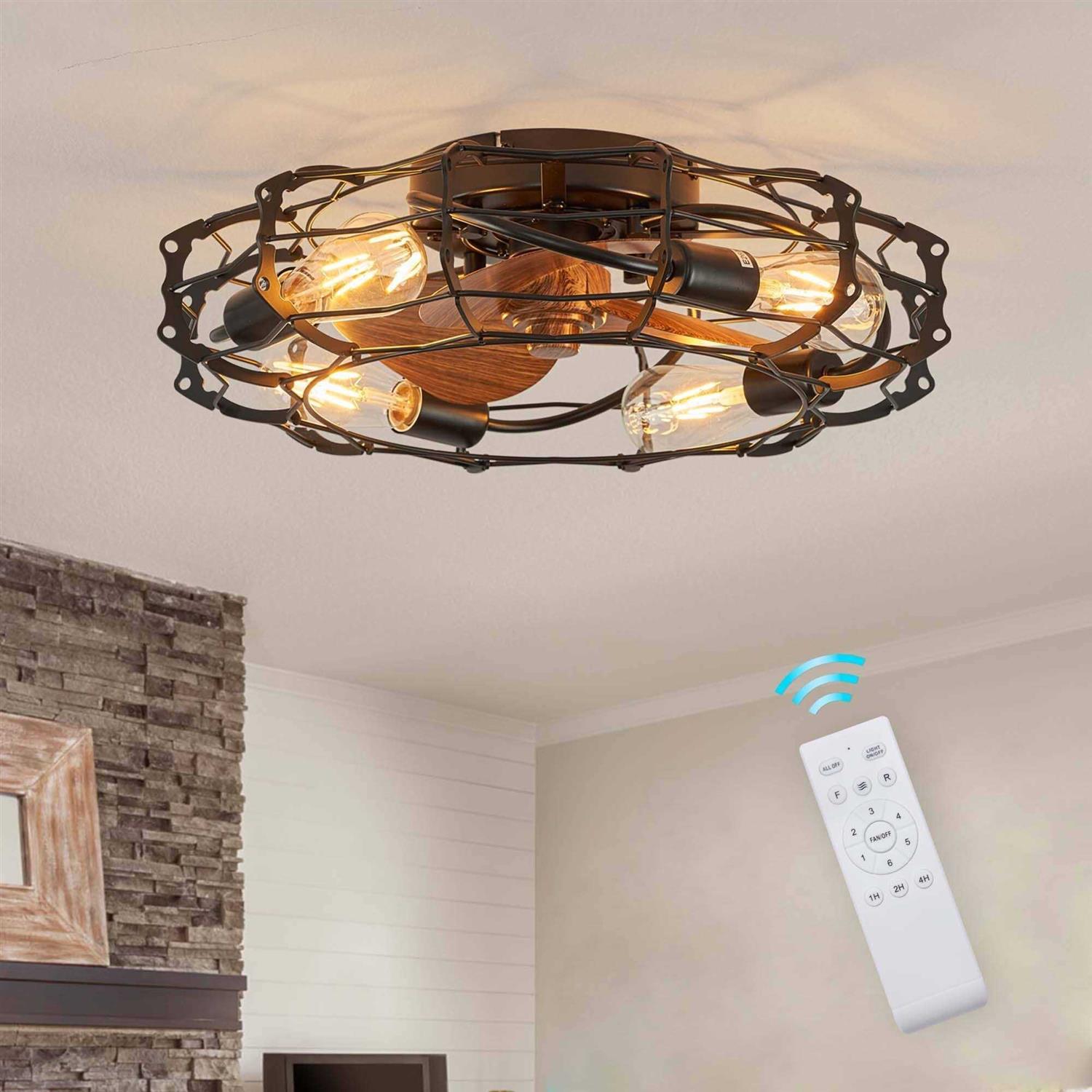 20 in. Flush Mount Ceiling Fan Light with Remote Cage Farmhouse Fandelier Black Wood Low Profile Ceiling Fan