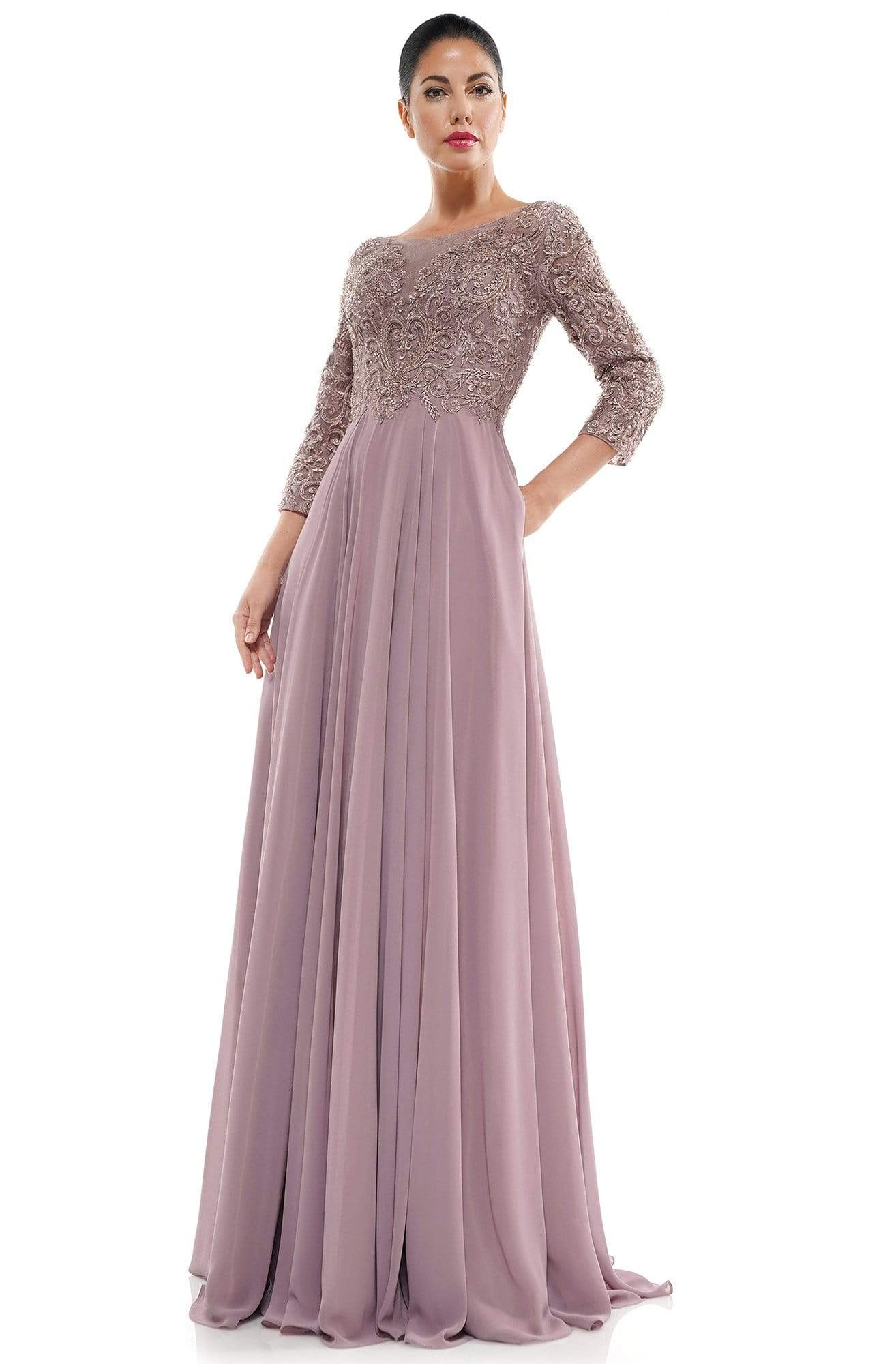 Quarter Sleeve Embroidered Lace Bodice A-Line Chiffon Gown MV1052