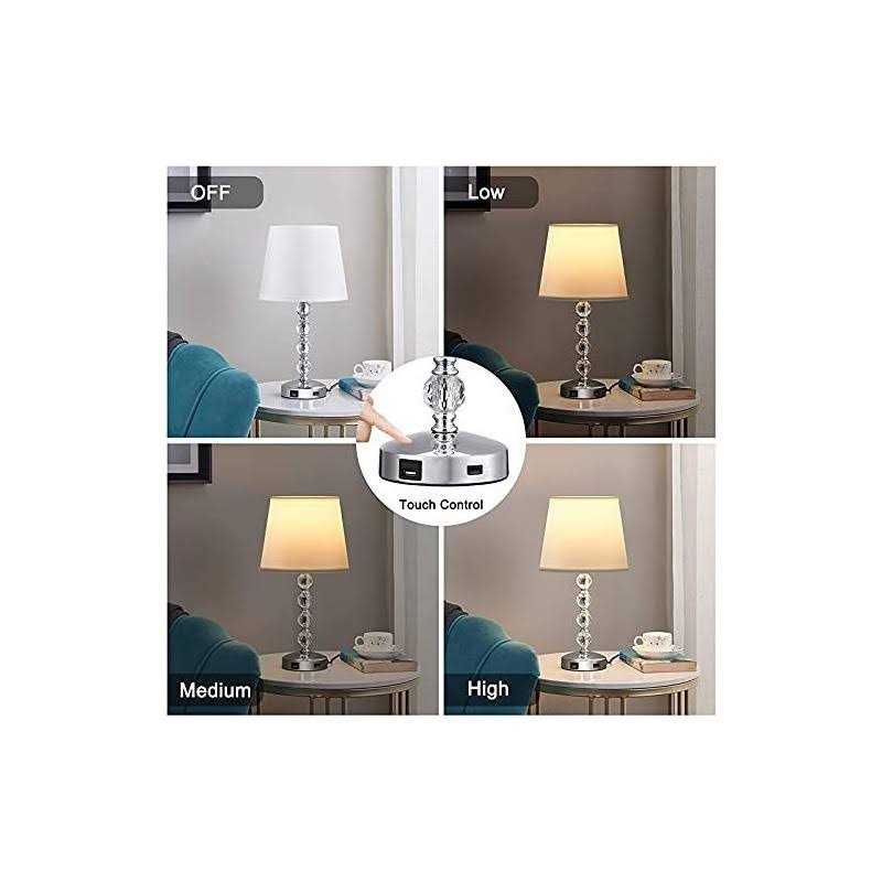 Touch Control Crystal Table Lamp with USB Port 3 Way Dimmable Nightstand 17” Bedside Small Lamps with White Fabric Shade for Bedroom