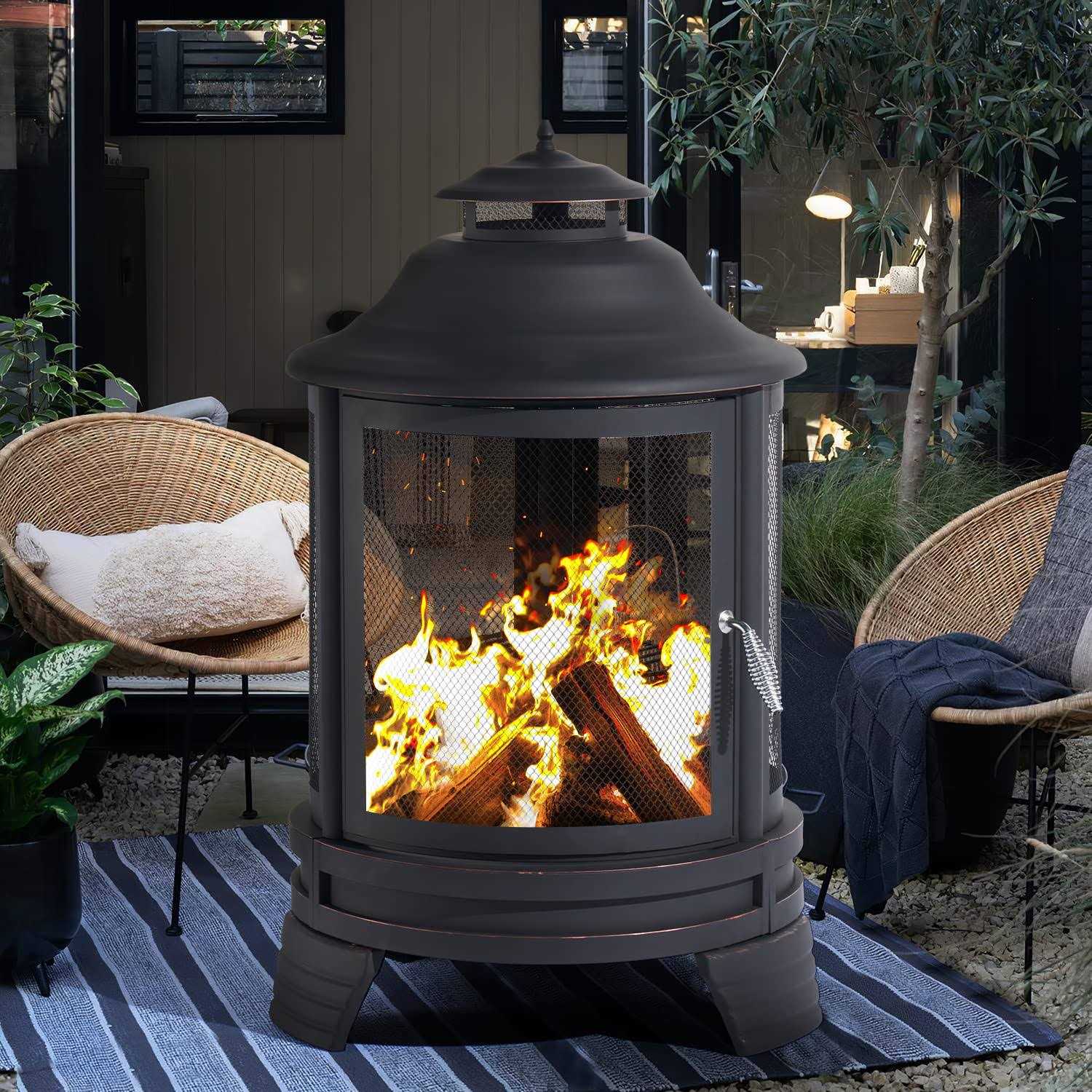 Aoxun Chiminea Fire Pit with Grill for Outdoor, 2 in 1 Fire Pit with Removable Grate, and Mesh Spark Screen Doors