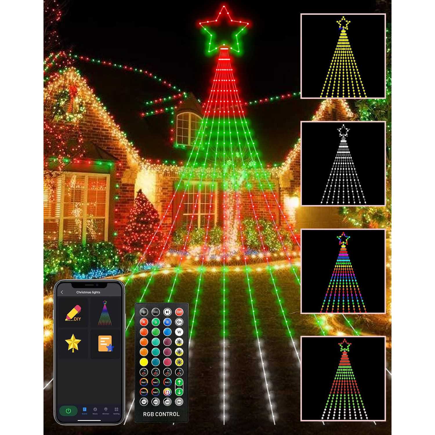 21FT Outdoor Christmas Decorations Star String Lights Smart RGB Led Tree Lights Waterfall DIY Preset Scenes App Remote Control Large Unique Yard