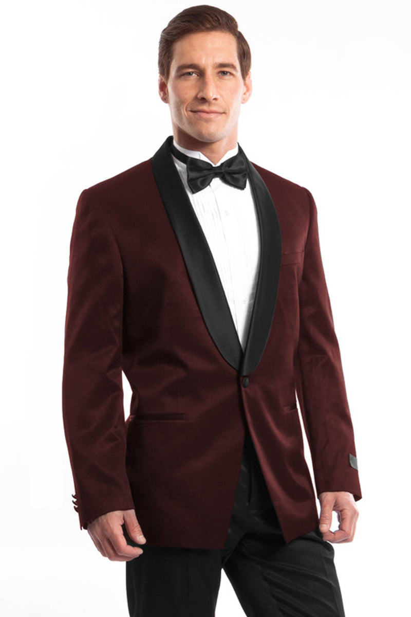Men’s Slim Fit Shawl Tuxedo in Burgundy Satin Birdseye
