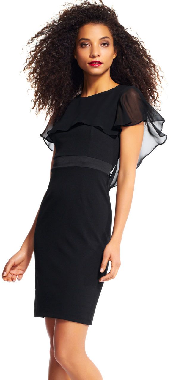 AP1D100542 Sheer Ruffle Cape Little Black Dress