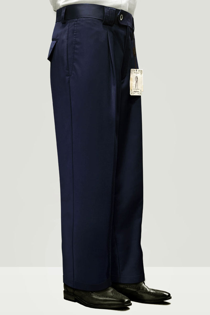 Men’s Designer Wool Pleated Wide Leg Dress Pants in Navy Blue