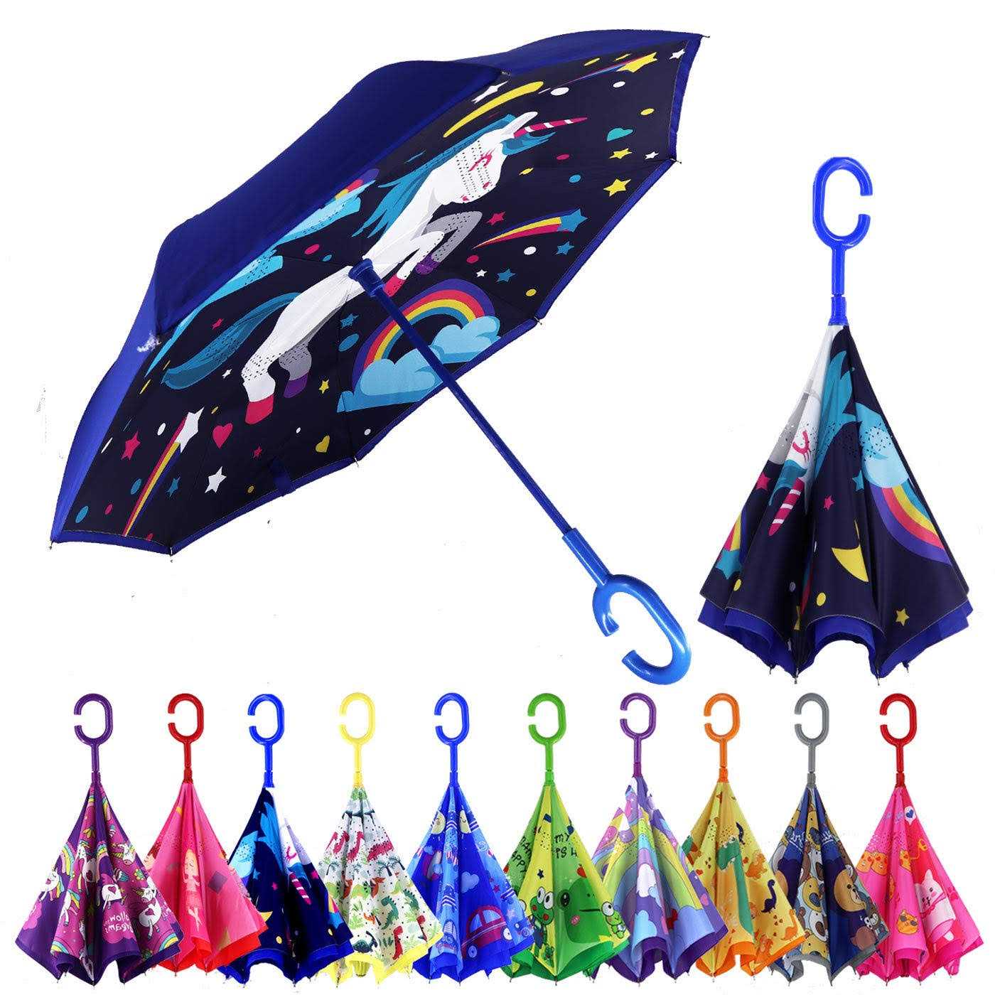 MRTLLOA 40 Inch Kids Windproof Inverted Reverse Umbrella with UV Protection, C-Shaped Handle Double Layer Stick Rain Umbrella for Boys and Girls