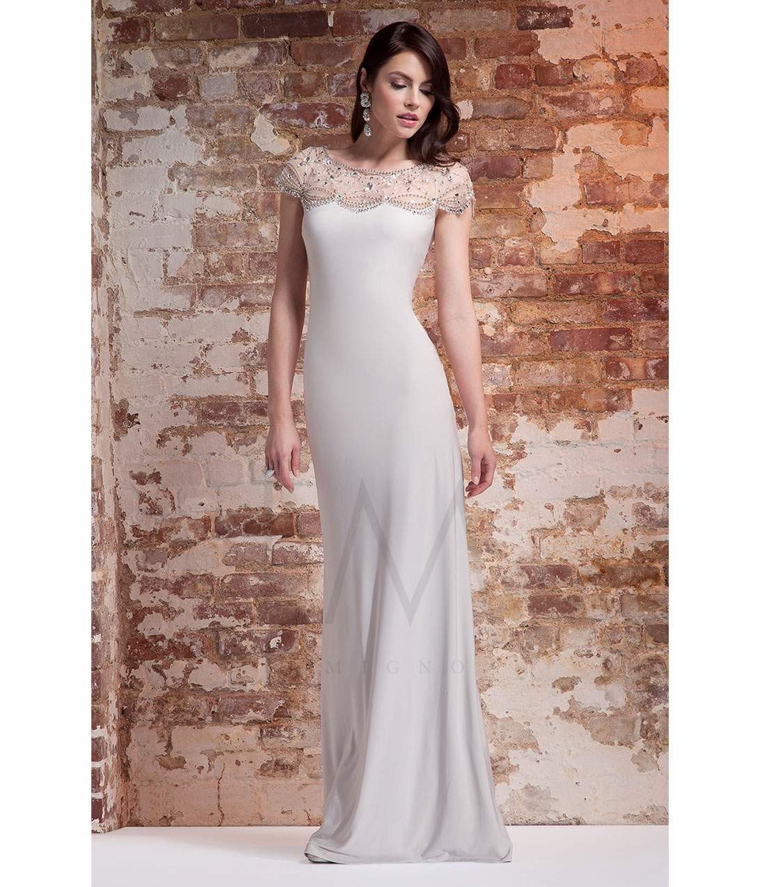 Jeweled Cap Sleeve Jersey Gown AL1889B