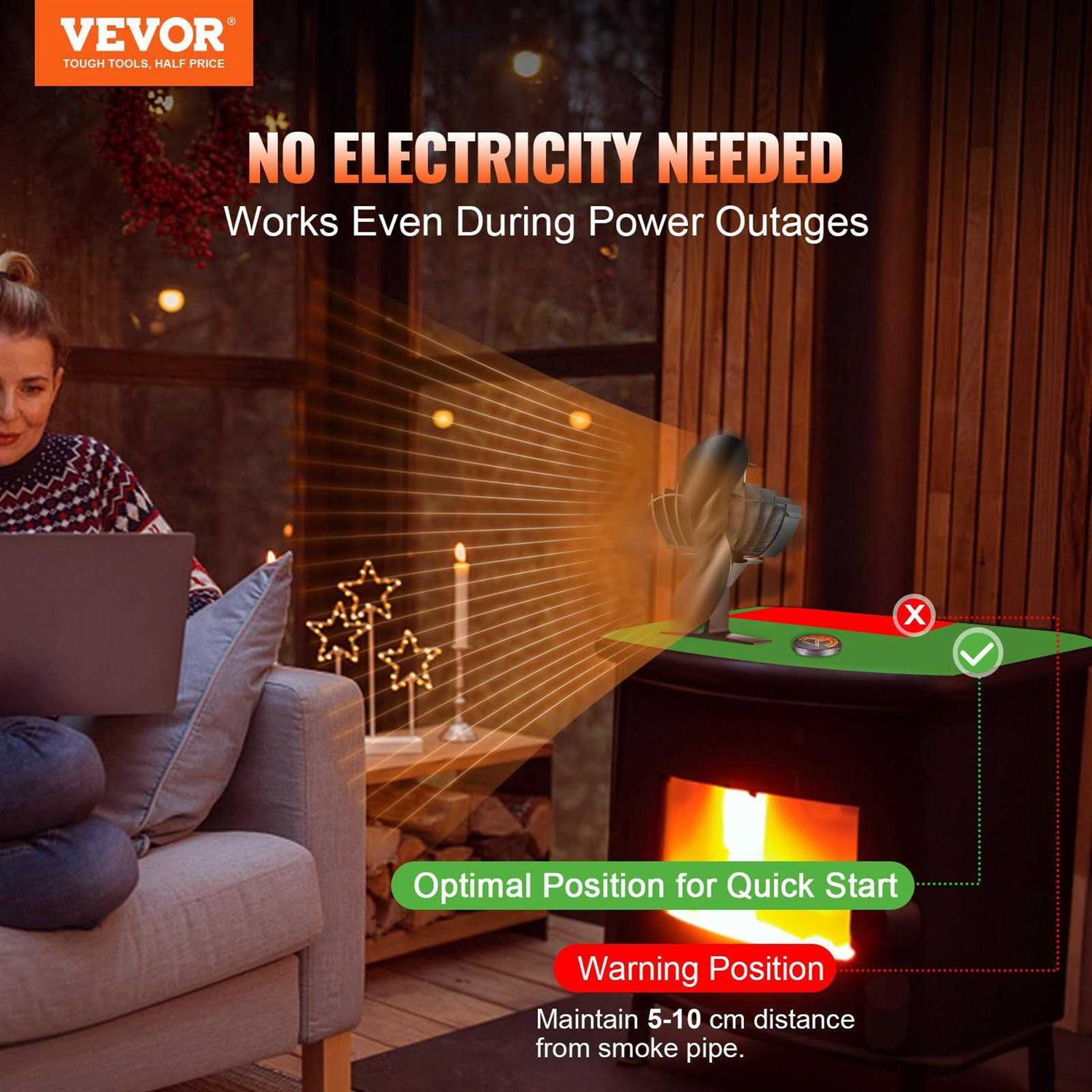 VEVOR Wood Stove Fan Heat Powered Quiet Fireplace Fans for Wood/Log Burner/Heater