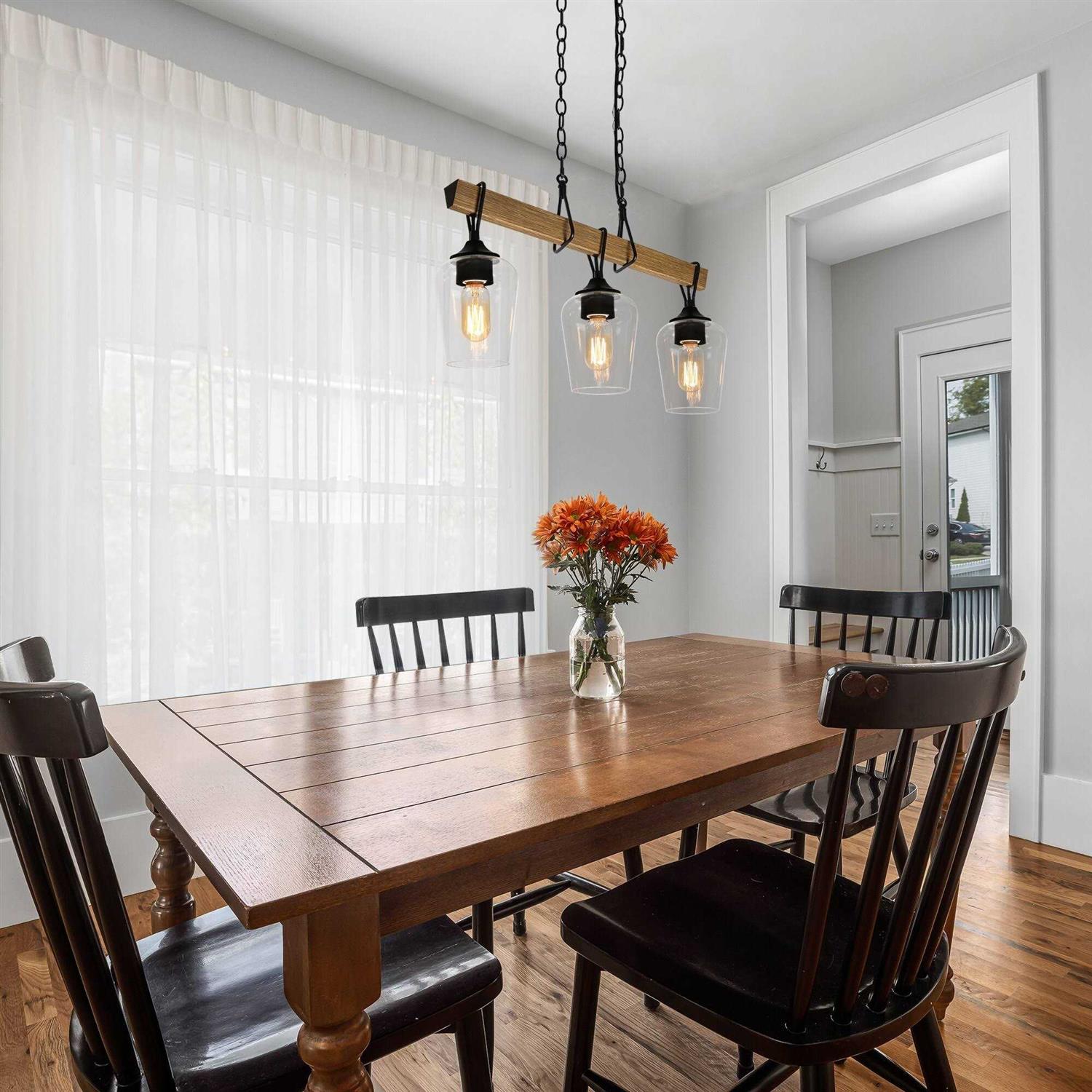 Zarbel Modern Farmhouse Faux Wood Chandelier Rustic 3-Light Black Island Lights with Bottle Glass