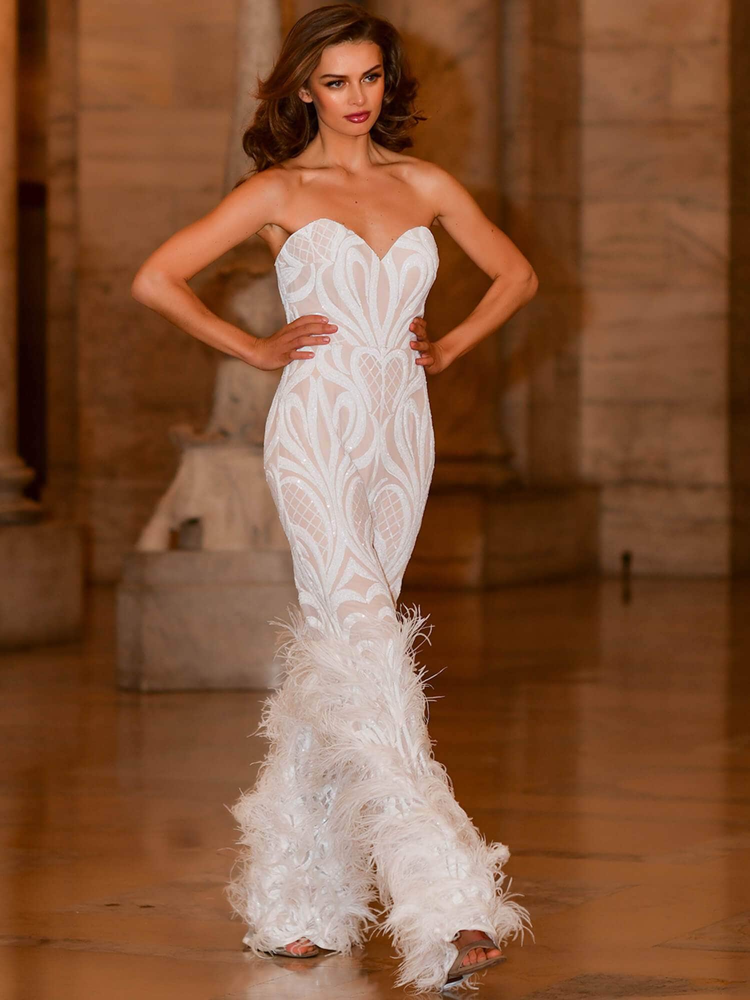 05669 Strapless Sweetheart Feathered Jumpsuit