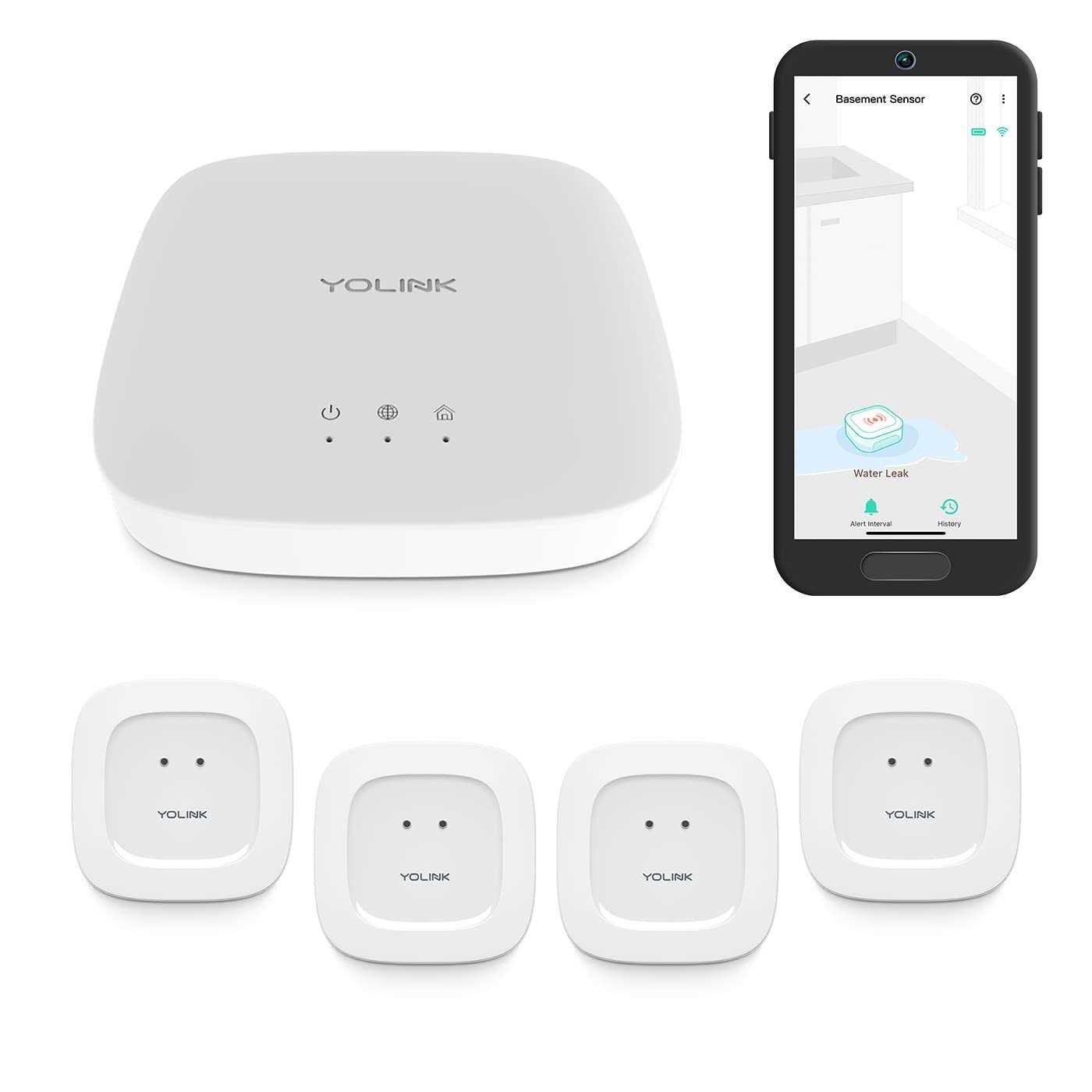 Yolink Smart Home Starter Kit Hub & Water Leak Sensor 4-Pack