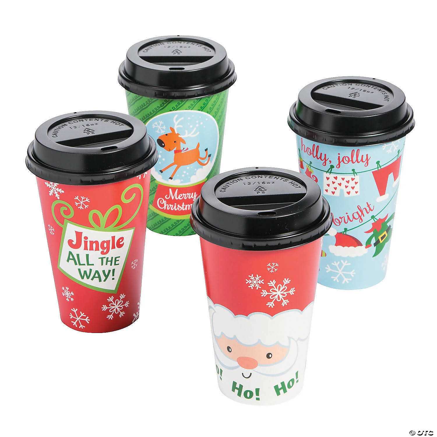 12 Pc Whimsical Christmas Santa & Reindeer Coffee Cups with Lids
