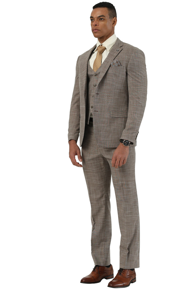 Men’s Designer Stacy Adams Vested Suit in Light Brown Sharkskin Weave