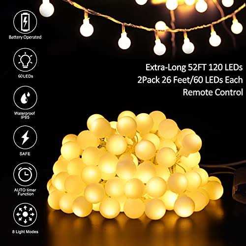 Battery Operated Led Globe String Lights 2-Pack Total 52Ft 120Leds