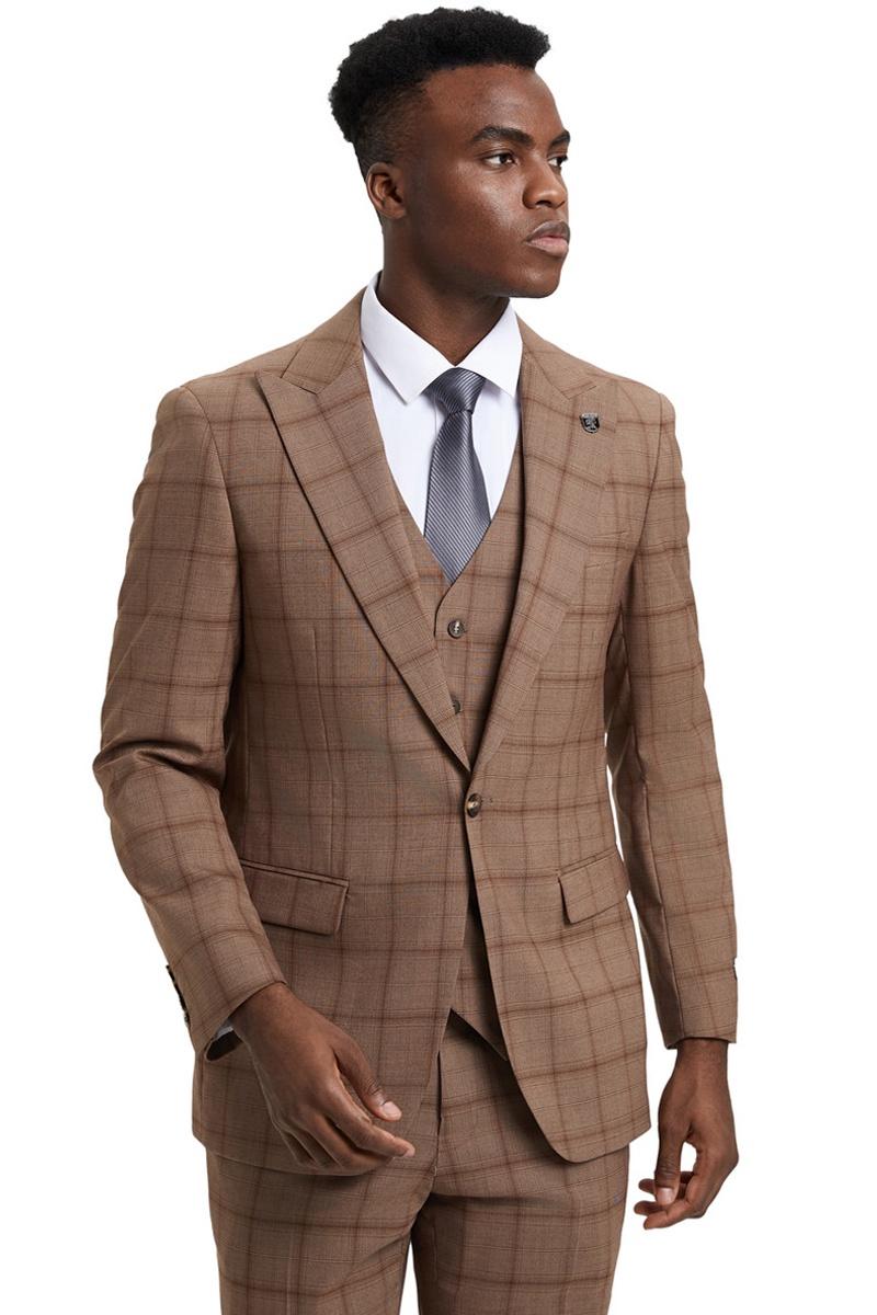 Men’s Stacy Adams One Button Vested Suit in Light Brown Windowpane Plaid