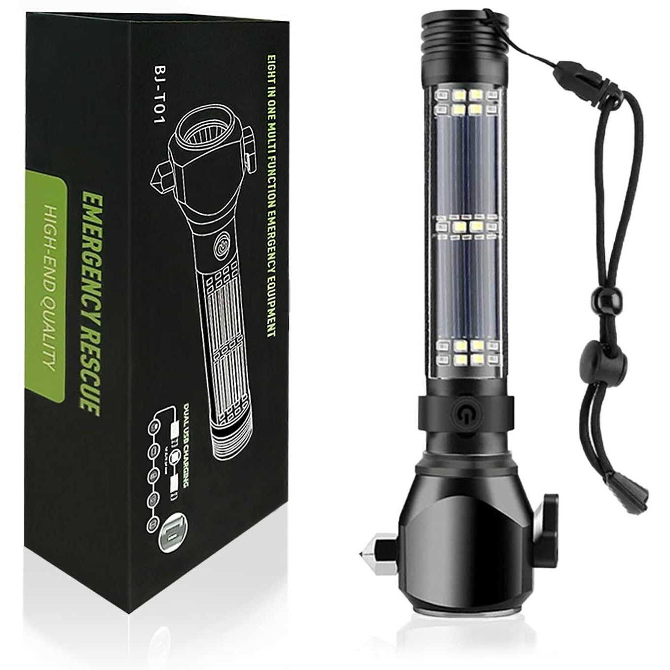 Serjur 8 in 1 Multi Function Flash Light,USB Rechargeable Solar Powered Flashlight with Glass Breaker,Seatbelt Cutter,Alarm and Phone Charger