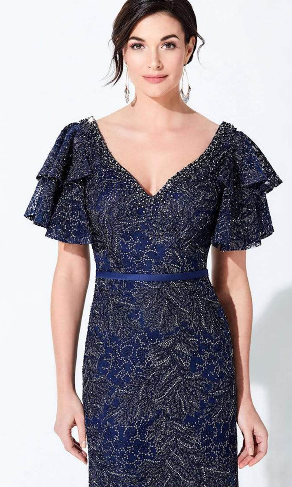 220D21 Ruffled Bell Sleeve Embroidered Gown