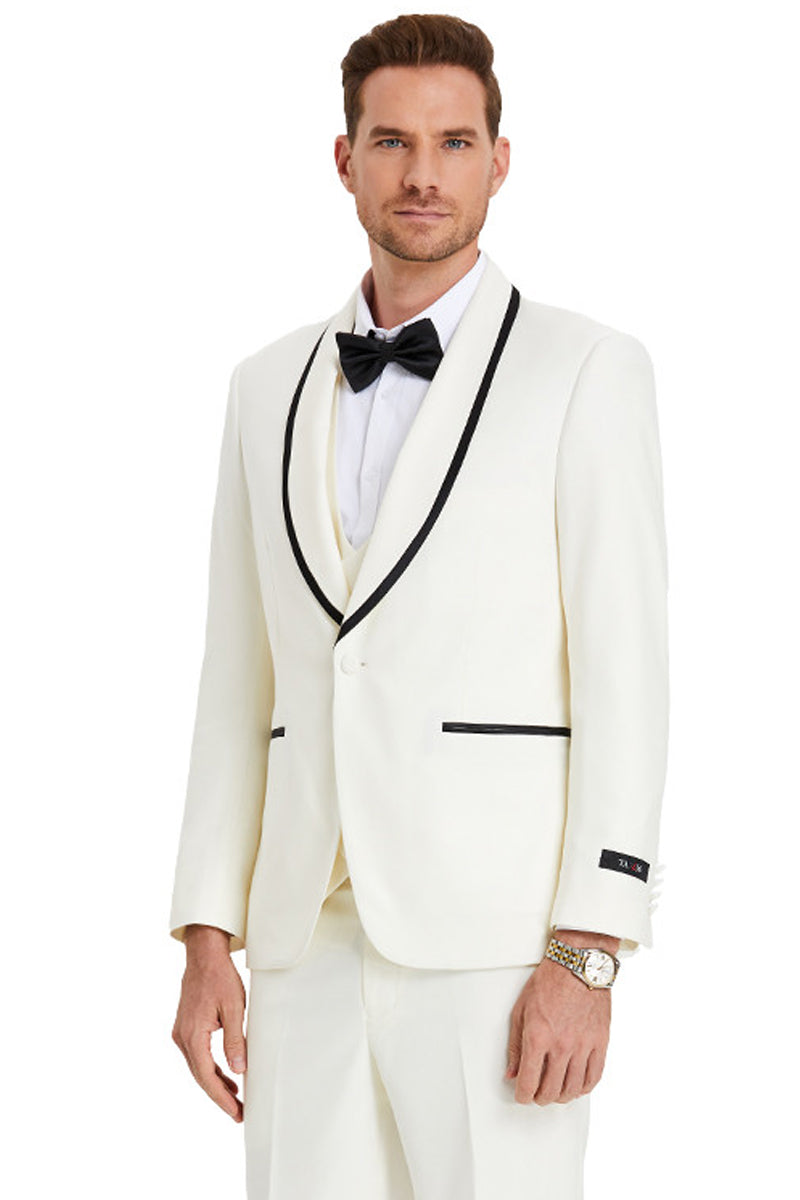 Men’s One Button Vested Shawl Tuxedo in Ivory Birdseye with Black Satin Trim