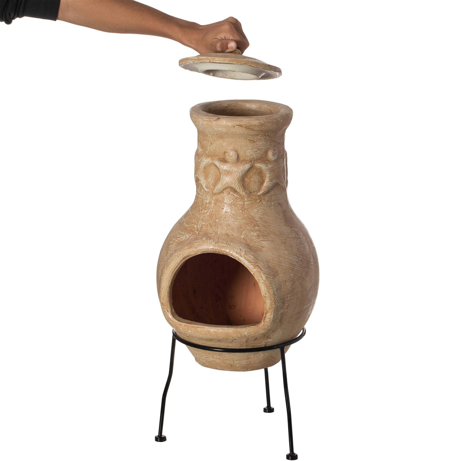 Beige Outdoor Clay Chiminea Outdoor Fireplace Maya Design Charcoal Burning Fire Pit with Sturdy Metal Stand Vintiquewise