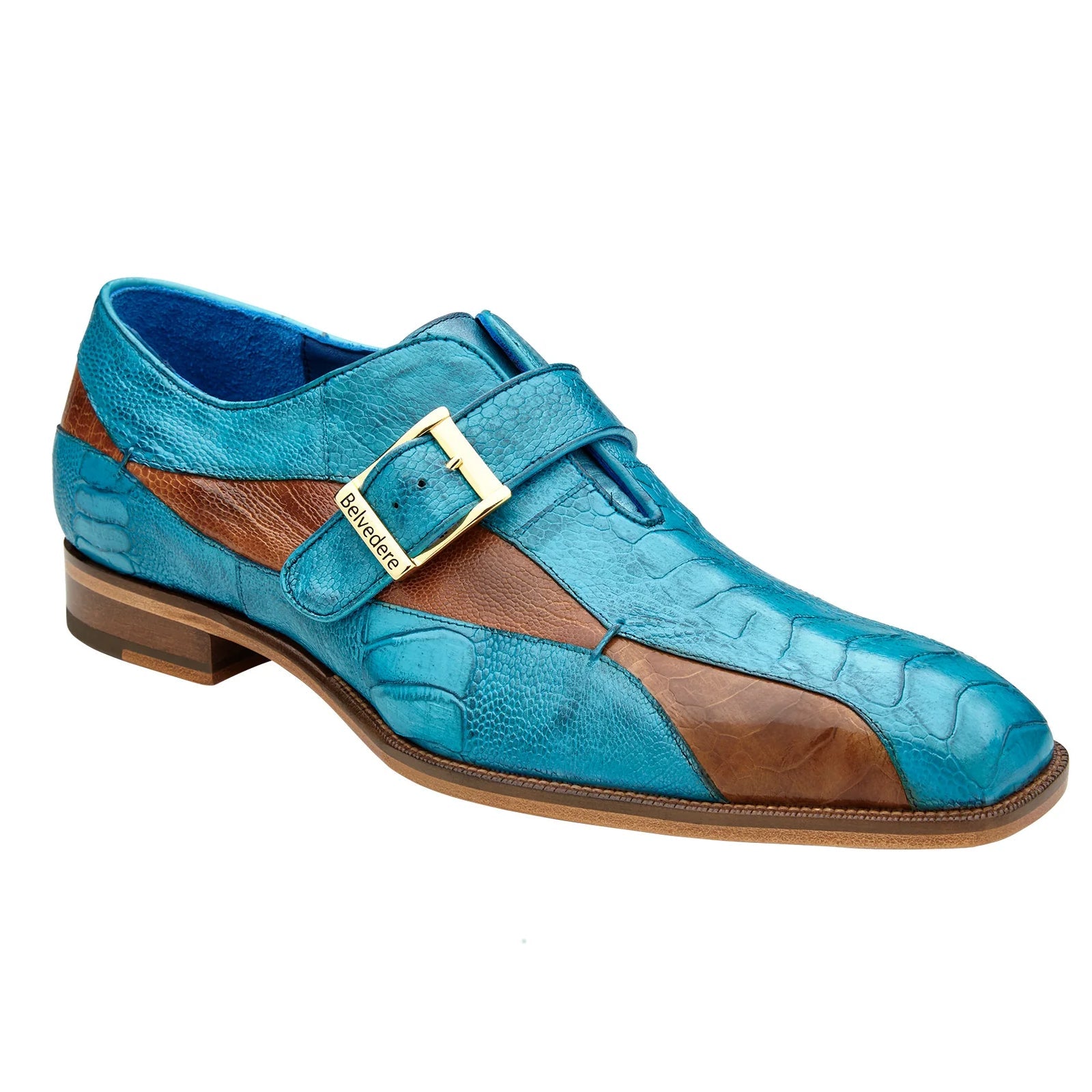 Men’s Belvedere Marte Ostrich Leg Monk Strap Dress Shoe in Ocean Blue & Brandy