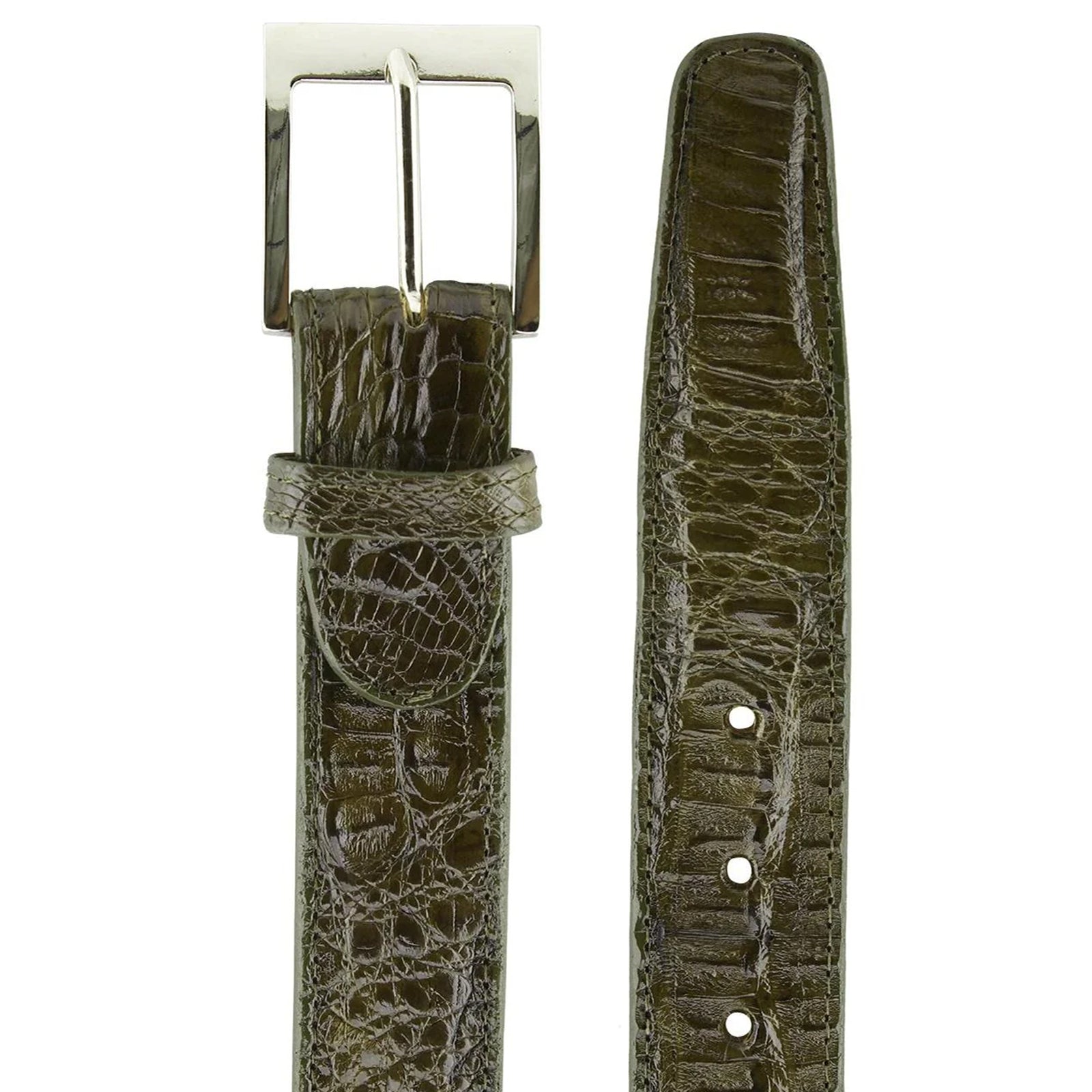Men’s Belvedere Genuine Caiman Crocodile Dress Belt in Olive Green