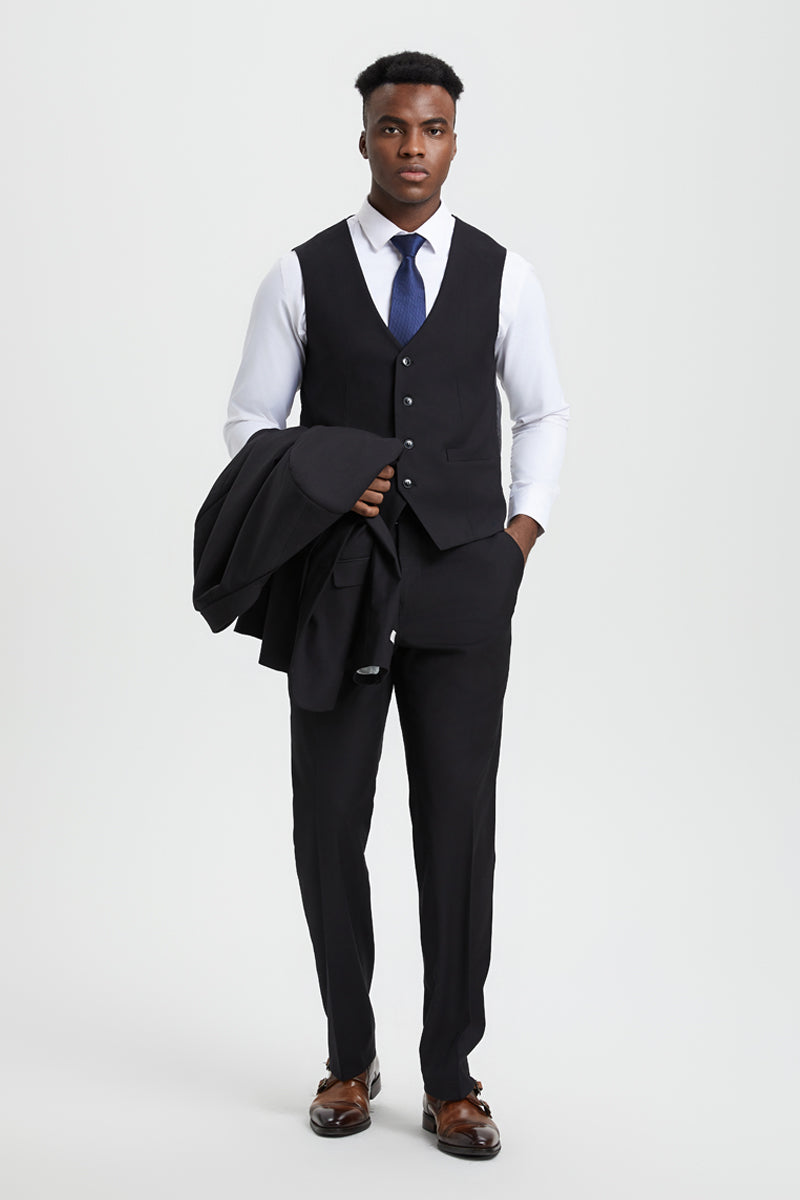 Men’s Two Button Vested Stacy Adams Designer Basic Suit in Black