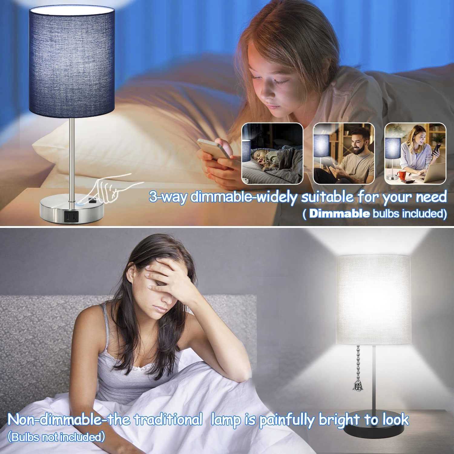 2023 NEW Set of 2 Touch Control Table Lamps with 2 USB & AC Outlet