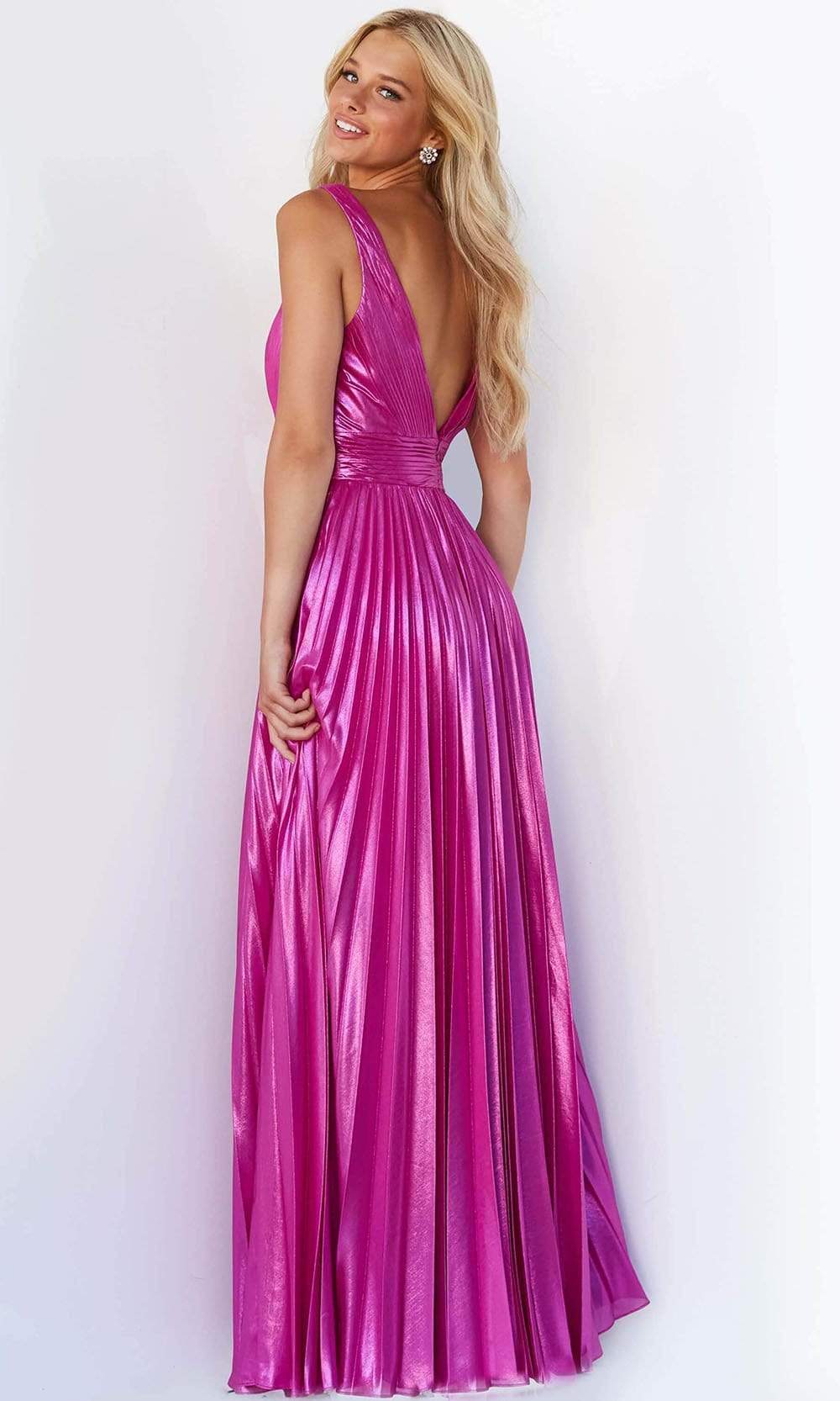 06220 Pleated Metallic High Slit Gown