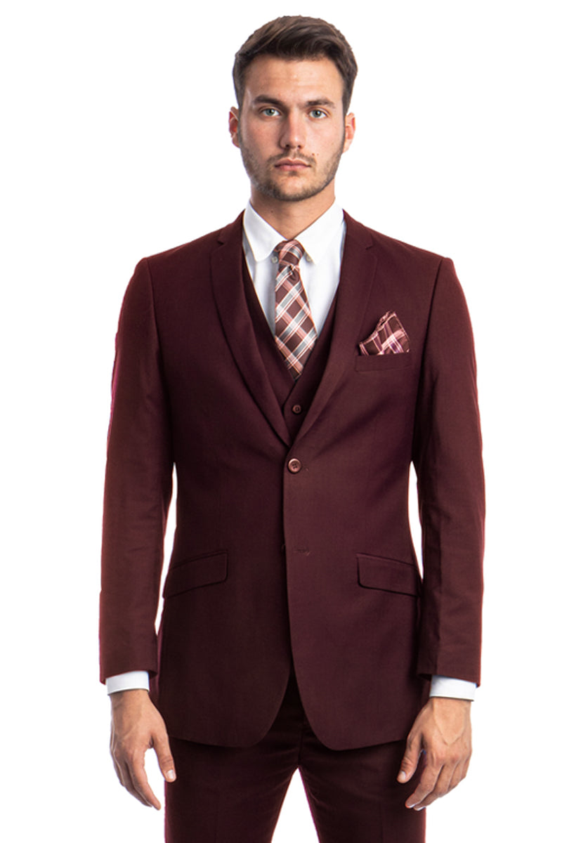 Men’s Two Button Slim Fit Basic Vested Wedding Suit in Burgundy