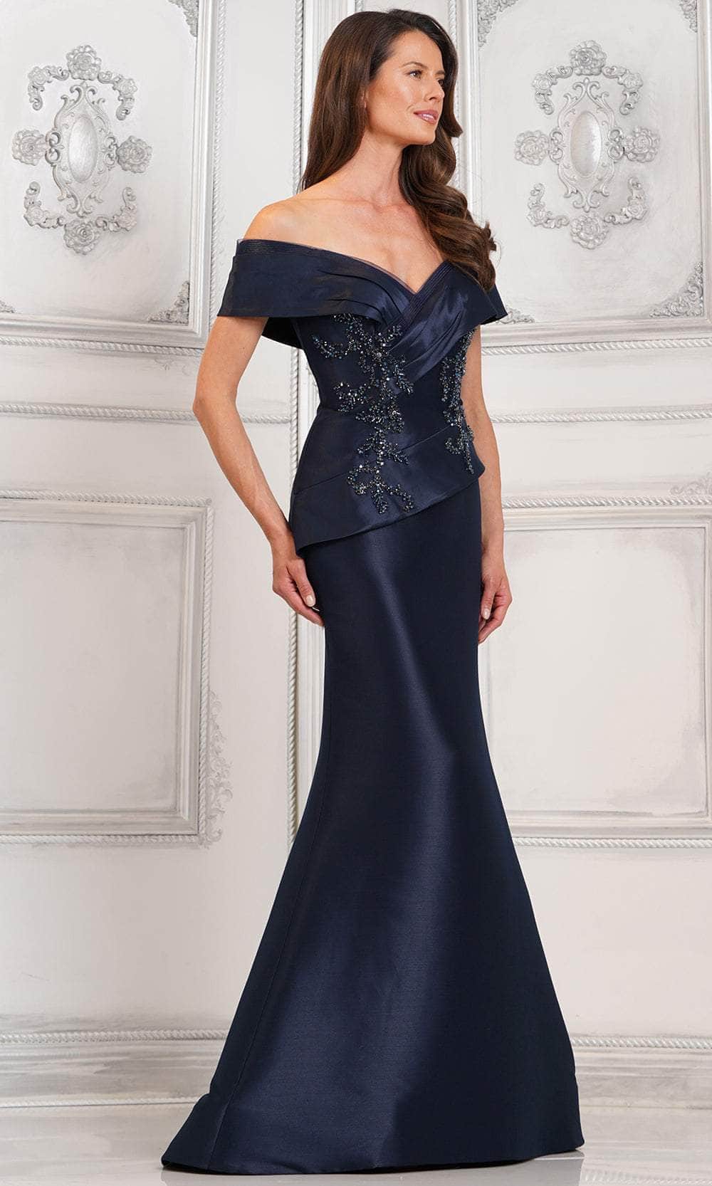 Beaded Applique Off Shoulder Formal Gown