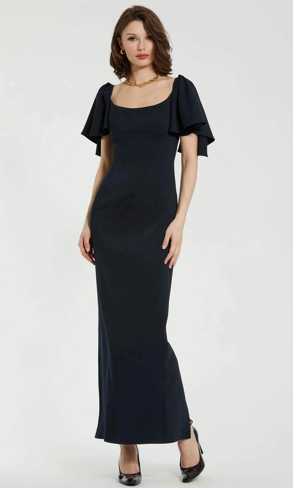 Ruffled Sleeve Column Evening Dress