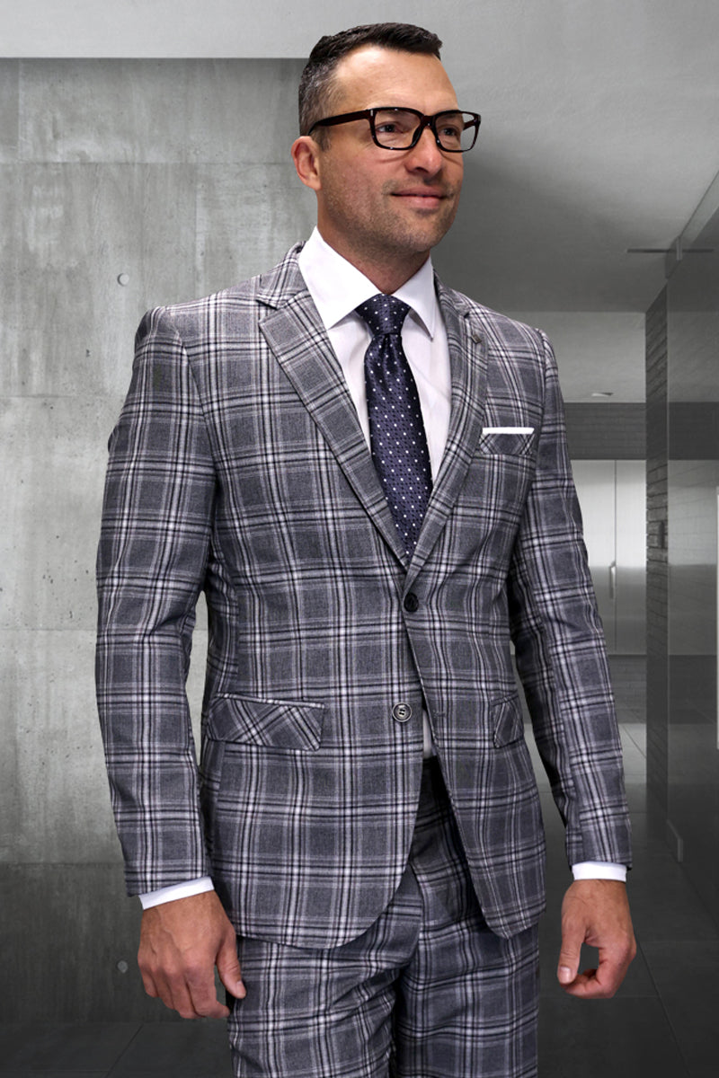 Men’s Designer Modern Fit Italian Wool Suit in Taupe Plaid
